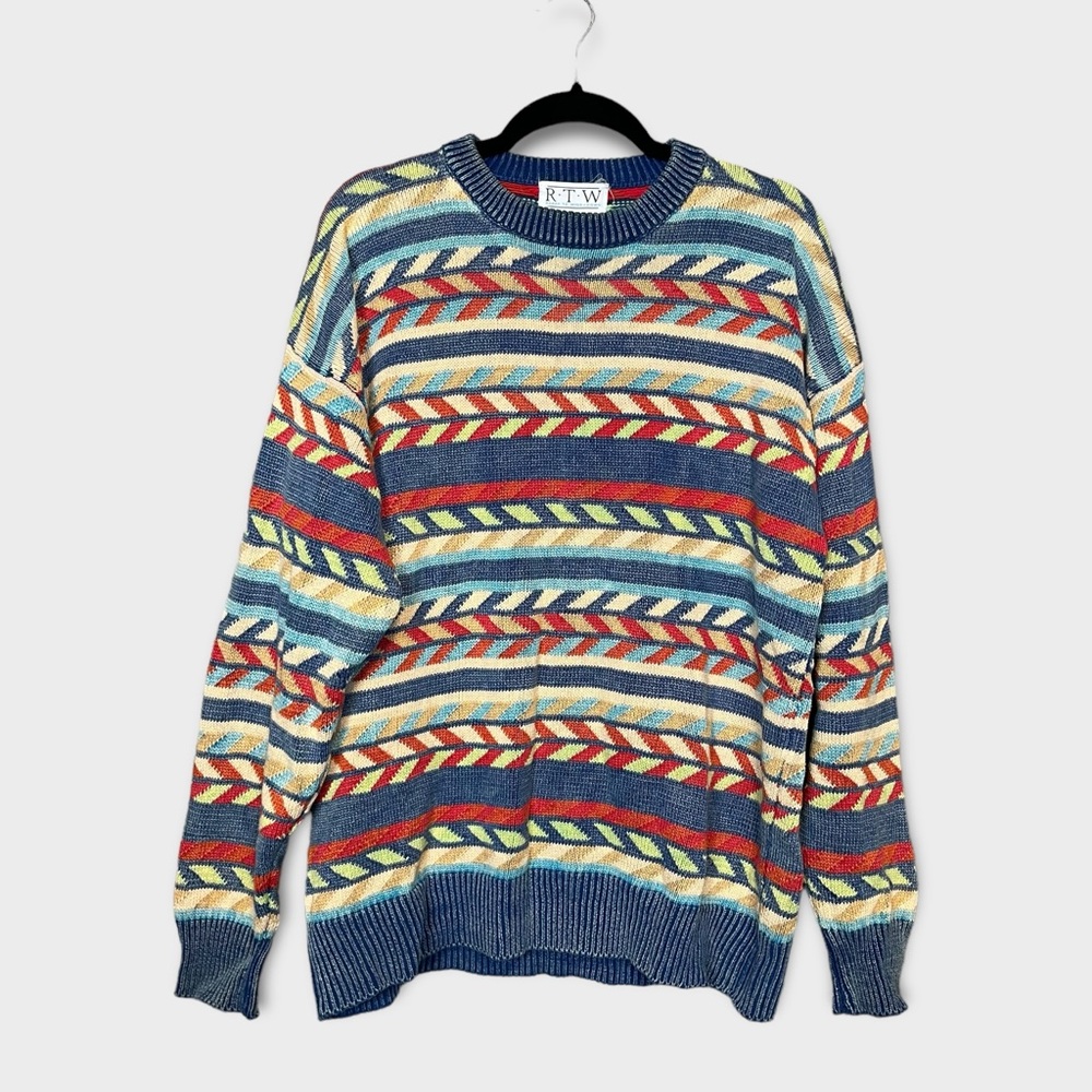 R.T.W Mens Sweater Size XL Geometric Striped 90s Crewneck Pullover Grandpa‎ Dad
